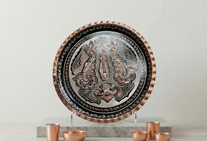Hand-etched black and copper tray by Markmoris, Gaziantep heritage metalwork, Ottoman floral motif
