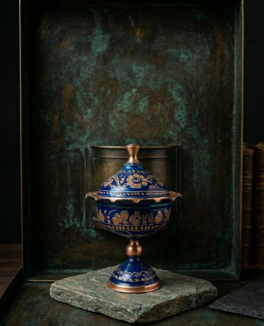 Royal blue hand-painted copper sugar bowl, ottoman style candy dish, Markmoris handcrafted heritage copper