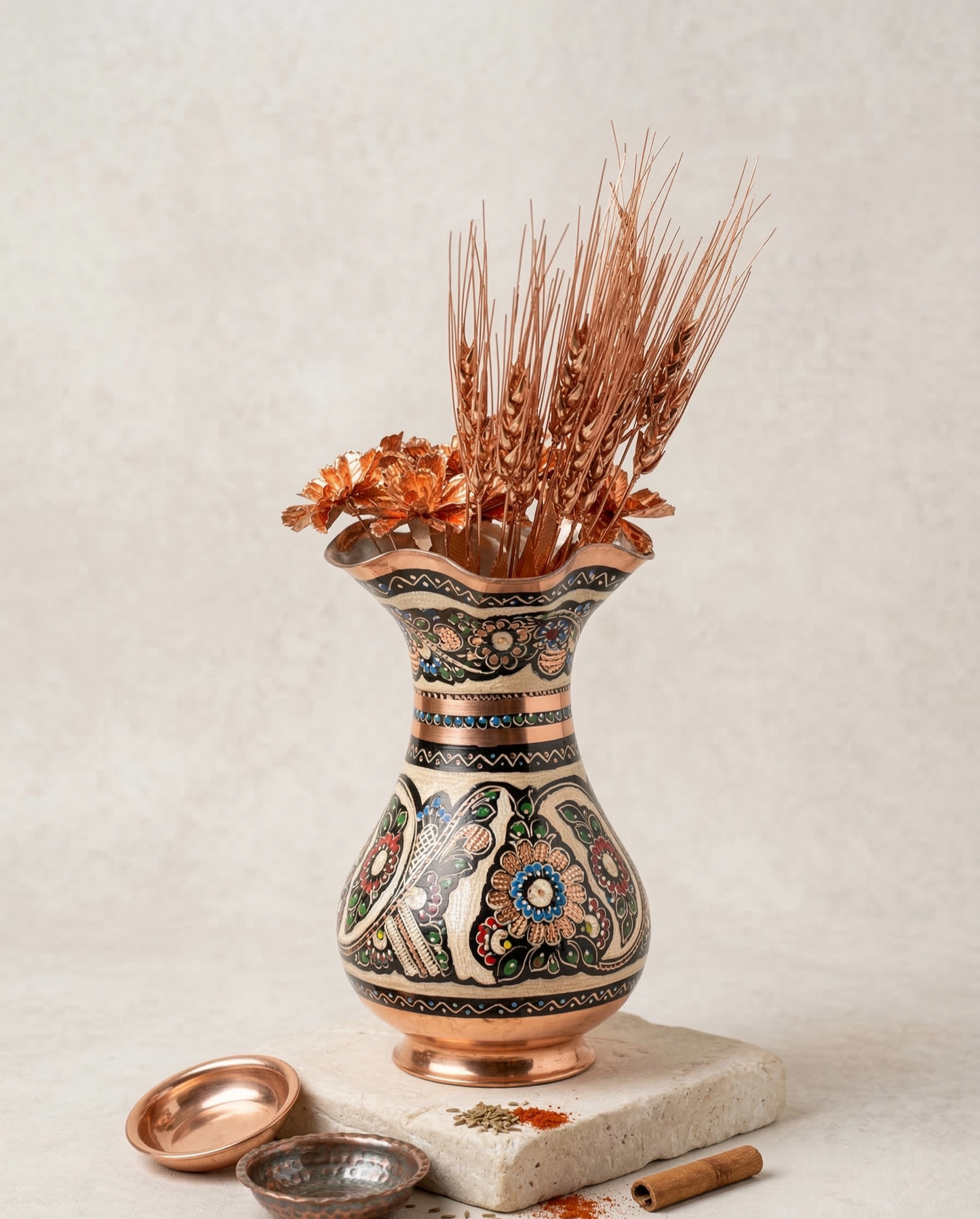 Copper, Vase, Hand-etched, Luxury Home Decor, Gaziantep, Artisan Made, Silver and Black
